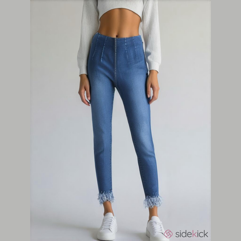 Free People High Rise Skinny Pull On Jeans Blue Frayed Fringe Hem W26 OB752024